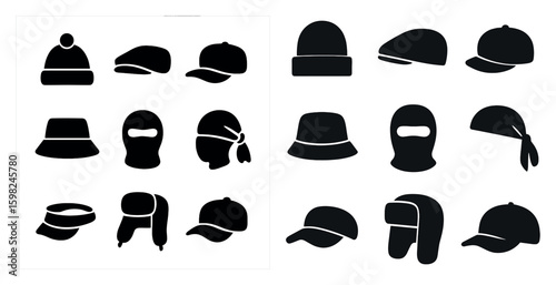 Winter headwear silhouette icons set – caps, hats, cold weather symbols