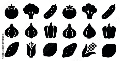 Vegetable solid icons set – silhouette, filled, healthy food and farming symbols