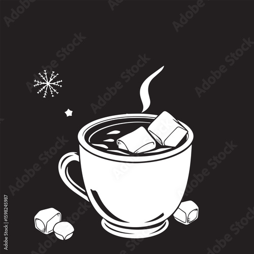 Winter cocoa cup with marshmallows vector design concept black and white illustration.