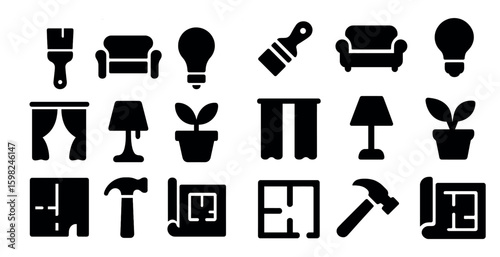 Home decor solid icons set – furniture, interior, and house design symbols