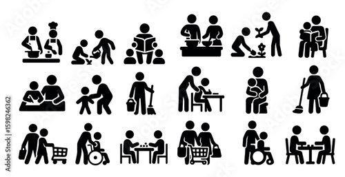 Parenting and care silhouette icons set – filled, solid, childcare and family symbols