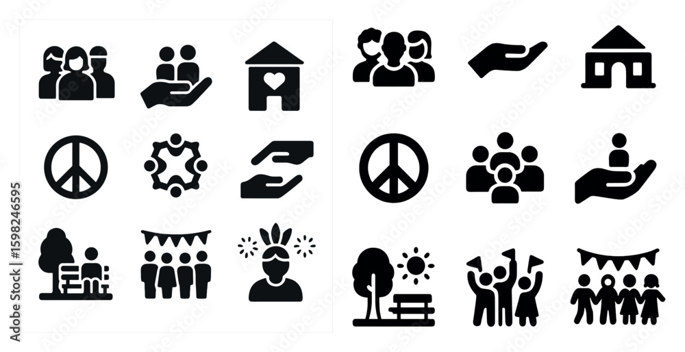 Naklejka premium Community and volunteer solid icons set – filled, outreach and support symbols