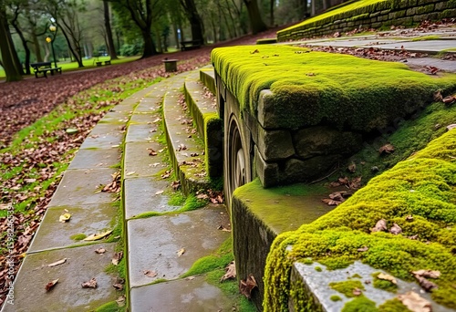 Moss-covered stone steps in a damp park, aged and weathered,  ascent,   garden