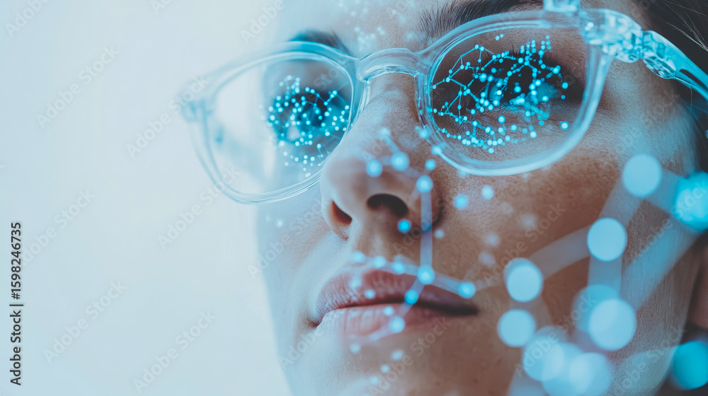 Fototapeta premium A human face interacting with advanced smart eyewear, displaying an augmented reality interface with luminous network connections, symbolizing future technology and artificial intelligence concept.