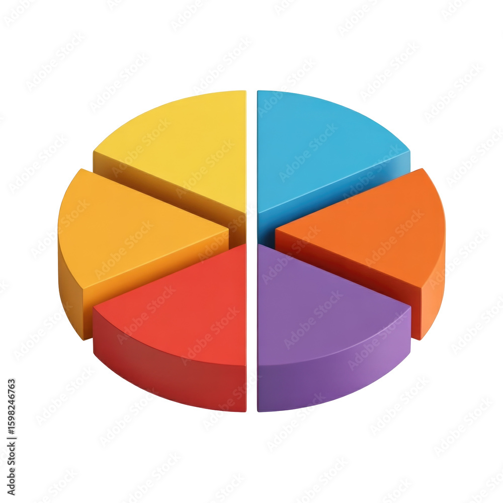 Obraz premium Colorful pie chart with six vibrant segments in various shades on a black background display