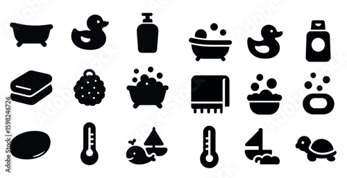 Bathroom and hygiene solid icons set – filled, bath, wellness symbols