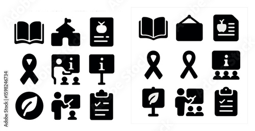 Education and awareness icons set – solid, filled, learning and information symbols
