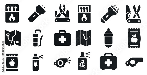Camping and survival solid icons set – filled, outdoor adventure symbols