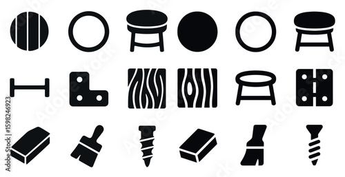 Furniture and carpentry solid icons set – filled, woodwork and diy symbols