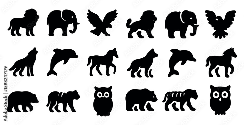 Obraz premium Wild animals silhouette icons set – solid, filled, wildlife and nature symbols