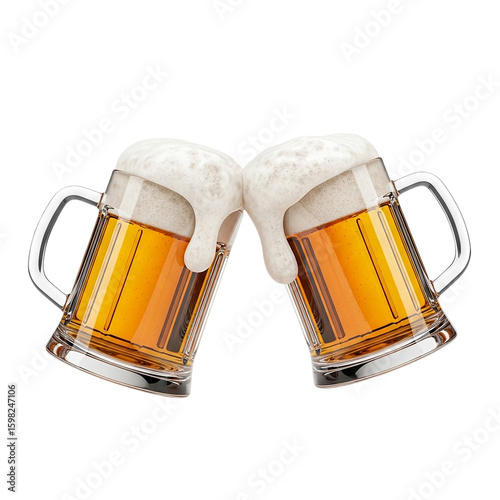 Two clinking beer mugs with foam realistic 3D render celebration drink symbol concept for party cheers alcohol toast or pub beverage bar festival and friendship element
