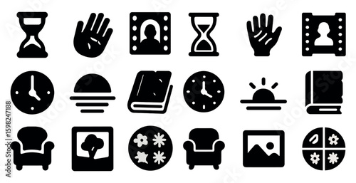 Time and measurement solid icons set – clocks, hourglass, calendar symbols
