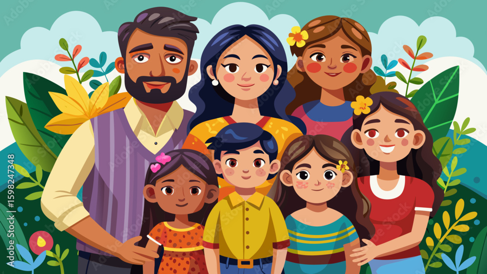 Large Latinx family portrait with smiling parents and children in nature surrounded by flowers and greenery Large Latinx family portrait with smiling parents and children in nature surrounded by flowers and greenery