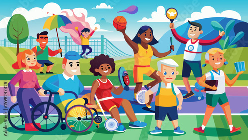 Diverse group of children playing sports together outdoors with wheelchairs, rackets, and basketballs in inclusive setting