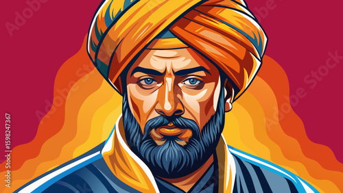 Sikh man in traditional turban with intense gaze on vibrant background in colorful vector art style