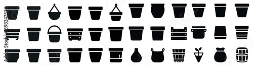 Gardening tools and equipment icons set – silhouette, solid, horticulture symbols