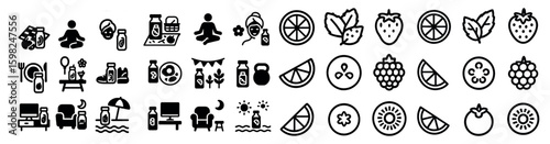 Health and wellness solid icons set – fitness, meditation, lifestyle symbols