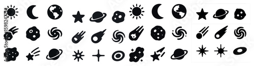 Space exploration silhouette icons set – cosmic, planetary, astronomy designs