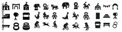 Circus and carnival silhouette icons set – filled, solid, festival and fair symbols