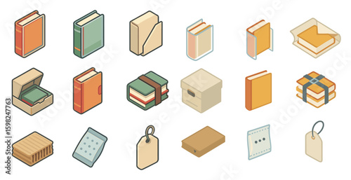 Literary and education icons set in isometric style – books, folders, study essentials