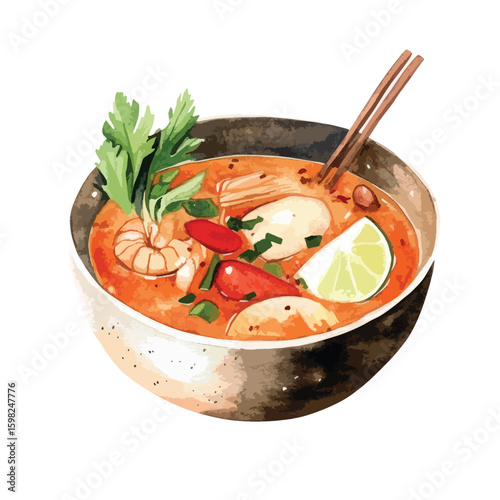 watercolor illustration of Tom Yum clipart isolated