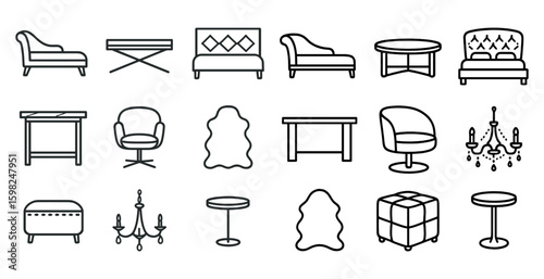 Furniture line icons set – flat, outline, home decor and furnishing symbols