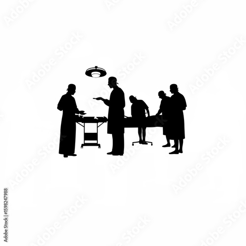 Surgeon supervising surgical team silhouette on white background