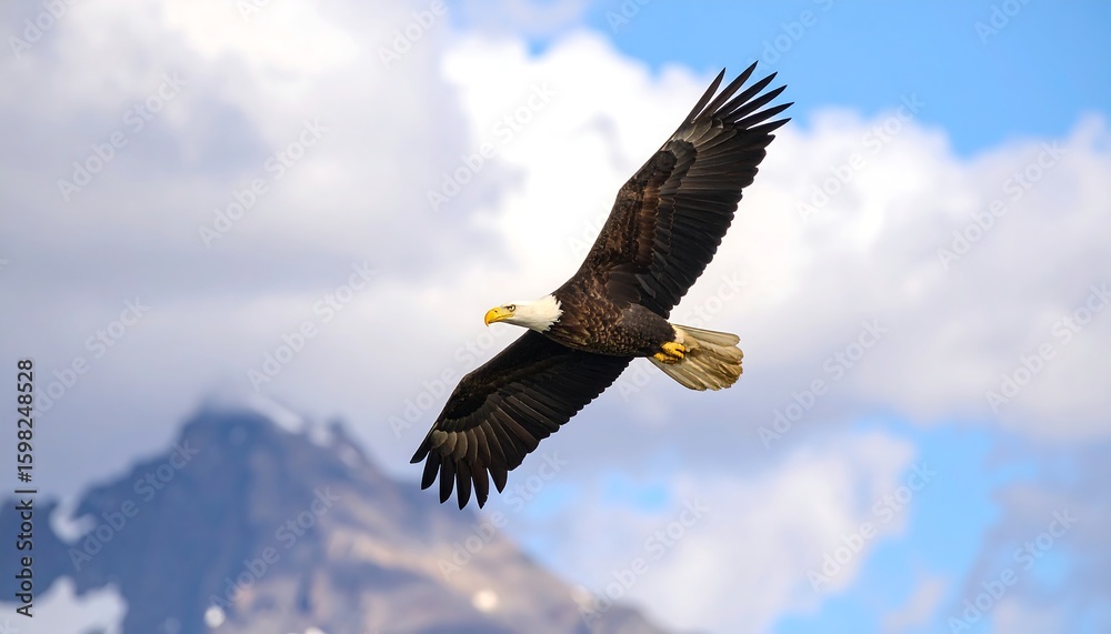 Obraz premium Magnificent bald eagle soaring gracefully against a vast blue sky, symbolizing freedom and powerful nature.