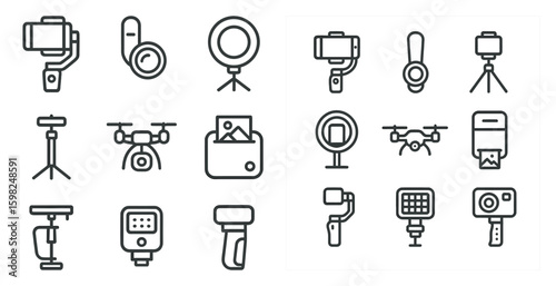 Photography equipment outline icons set – line, camera, gadget and lighting symbols