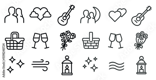 Romantic line icons set – linear, outline, love and relationship symbols