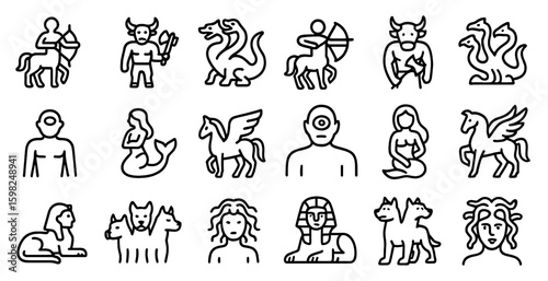 Mythical creatures outline icons set – linear, line, fantasy symbols collection