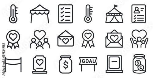 Charity and fundraising line icons set – outline, donation, volunteer symbols