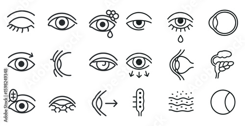 Eye health and anatomy line icons set – outline, linear, medical and vision symbols