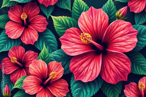 Bold, vibrant hibiscus & tropical foliage, repeating print, yellow, exotic, textile