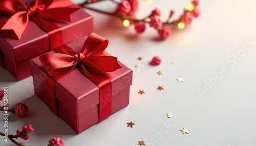 Elegant red ribbon tied gift boxes, gold accents, textile, illustration