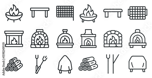 Fireplace and heating line icons set – outline, linear, warmth and home decor symbols