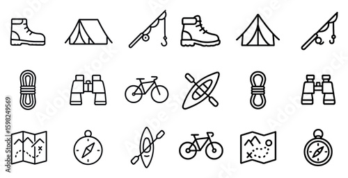 Outdoor adventure line icons set – camping, hiking, travel symbols