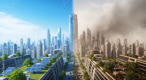 A split image depicting a clean, futuristic city on one side and a polluted, smog-filled city on the other, illustrating climate change and environmental contrast.