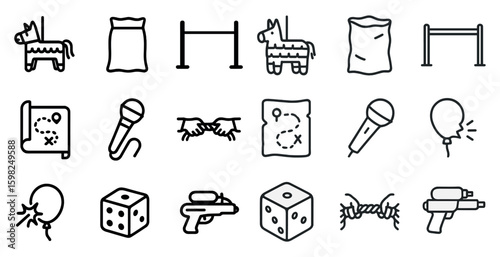Party and celebration outline icons set – festive, event decor symbols