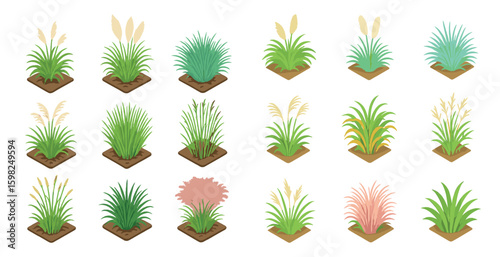 Gardening isometric icons set – lush, green, plant and flower graphic symbols