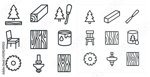 Woodworking line icons set – carpentry, tools, and craft symbols in outline style