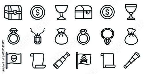Pirate treasure icons set – outline, silhouette, adventure and marine symbols