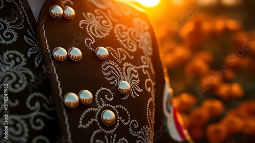 An embroidered charro jacket with silver buttons, bathed in golden sunset light, with marigold flowers softly blurred in the background.