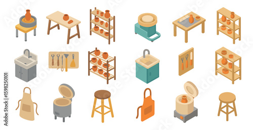 Pottery and craft isometric icons set – 3d, clay, ceramics tools collection