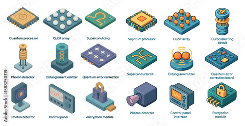 Quantum computing isometric icons set – technology, hardware, circuit symbols