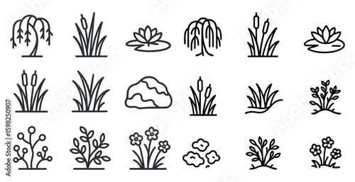 Botanical and nature icons set – outline, linear, plant and garden symbols