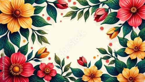 Intricate floral pattern, vibrant blooms and leaves , elegant, pattern