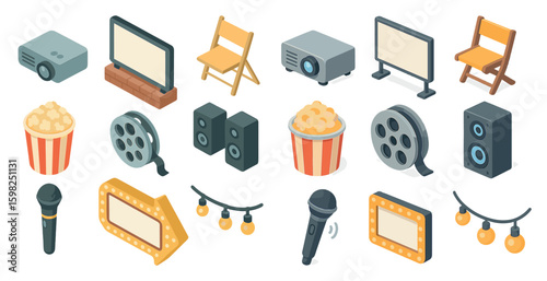 Home entertainment isometric icons set – 3d, cinema, leisure and media elements