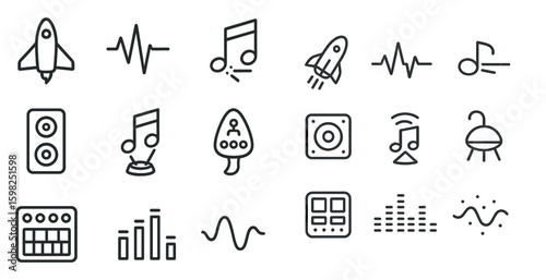Music and entertainment outline icons set – linear, line, audio symbols