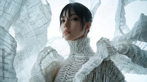 Woman in futuristic, textured white garment